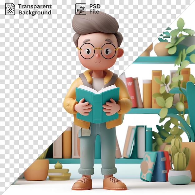 3d librarian cartoon organizing books in a library surrounded by potted plants a doll and various books on blue and white shelves