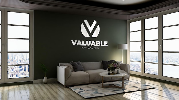 3d logo mockup with reflection logo in green wall at office lobby waiting room for relax