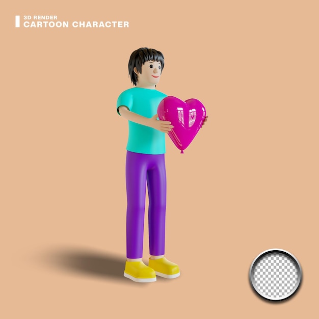 3d male cartoon character holding heart or love balloon