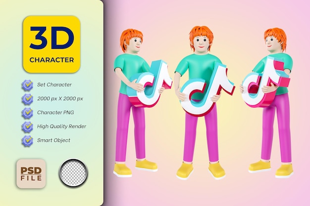 3d male cartoon character illustration holding tiktok logo