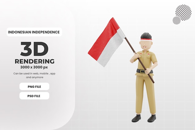 3d male character bring indonesian flag illustration premium psd