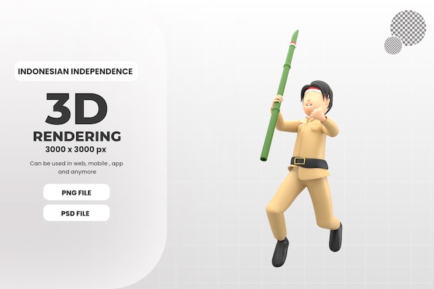 3d male character celebrating indonesian independence with bamboo illustration premium psd