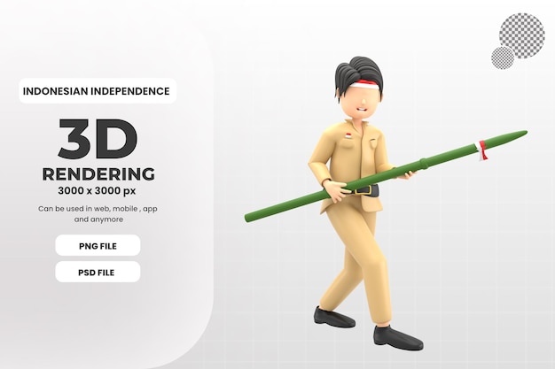 3d male character celebrating indonesian independence with bamboo illustration premium psd