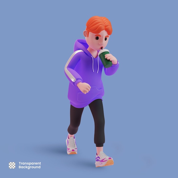 3d male character drinking coffee while walking