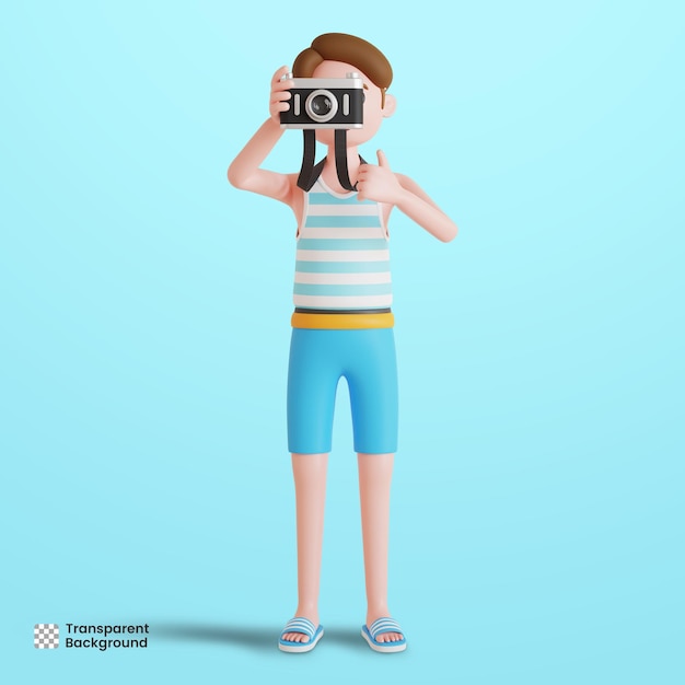 3d male character giving thumbs up while shooting photo with camera