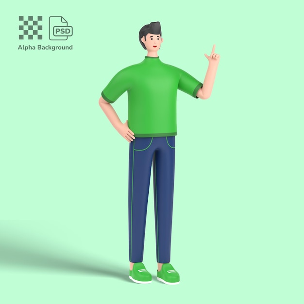 3d male character having great idea finding inspiration or solution to problem pointing finger up