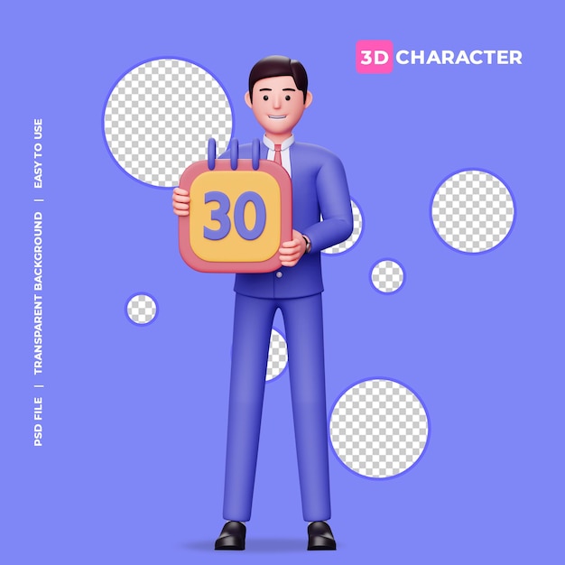 3d male character holding calendar with transparent background