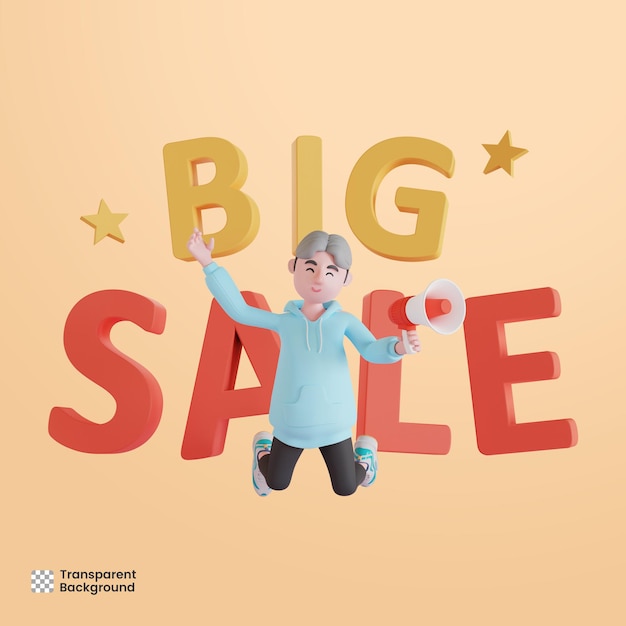 3d male character holding megaphone with big sale background