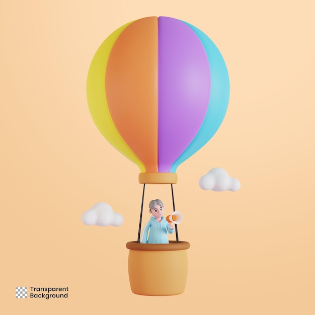 3d male character in hot air balloon using megaphone