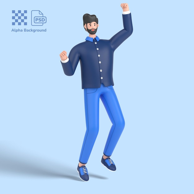 3d male character jumping and celebrates success