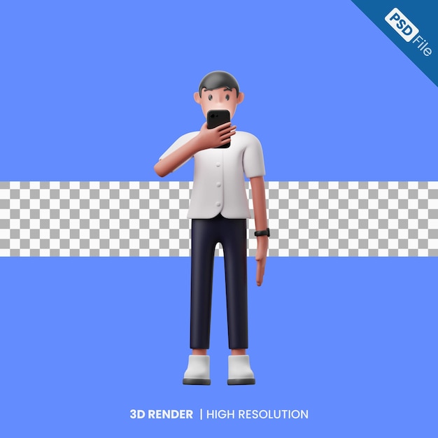 3d male character looking at smartphone