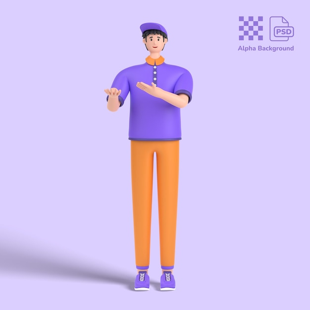 3d male character pointing away hands together and showing or presenting something while standing an