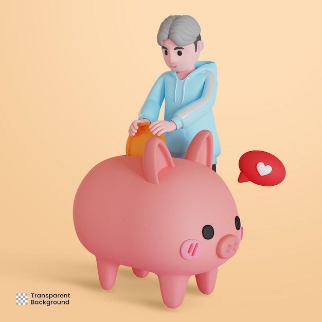 3d male character saving money in piggy bank