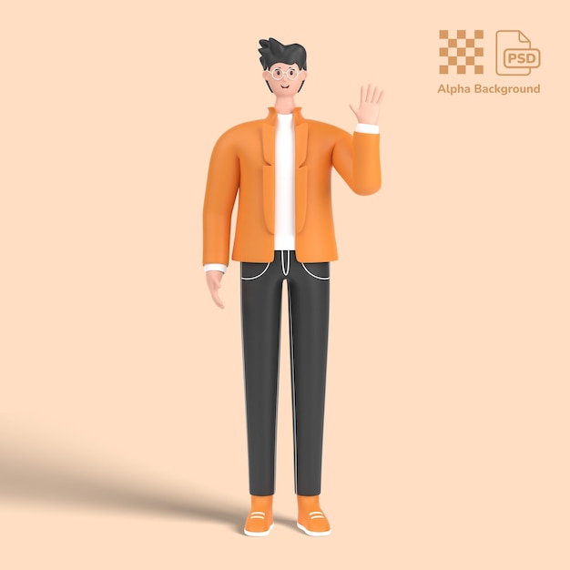 3d male character saying hello with waving hand