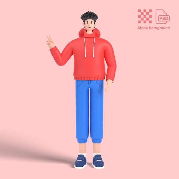 3d male character showing fingers doing victory sign number two