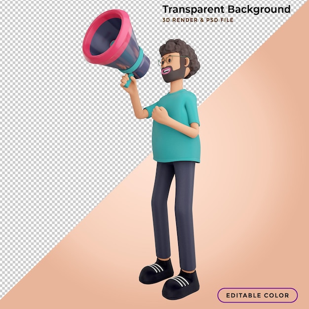 3d male character speaking into megaphone