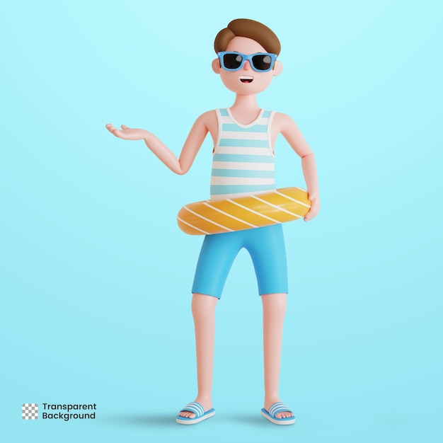 3d male character using lifebuoy with hands showing something