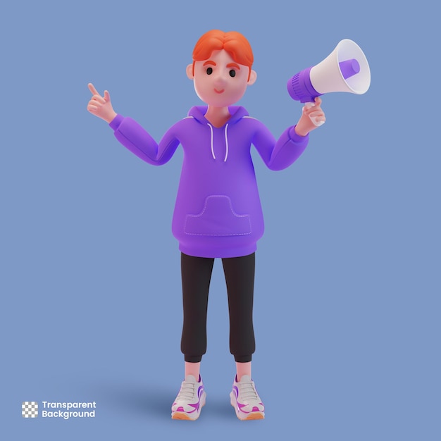 3d male character using megaphone while presenting