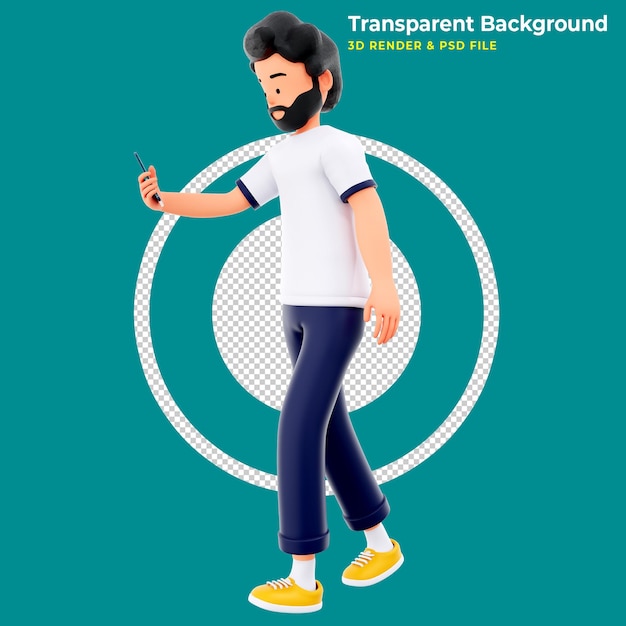 3d male character Walking while looking into phone 3d illustration