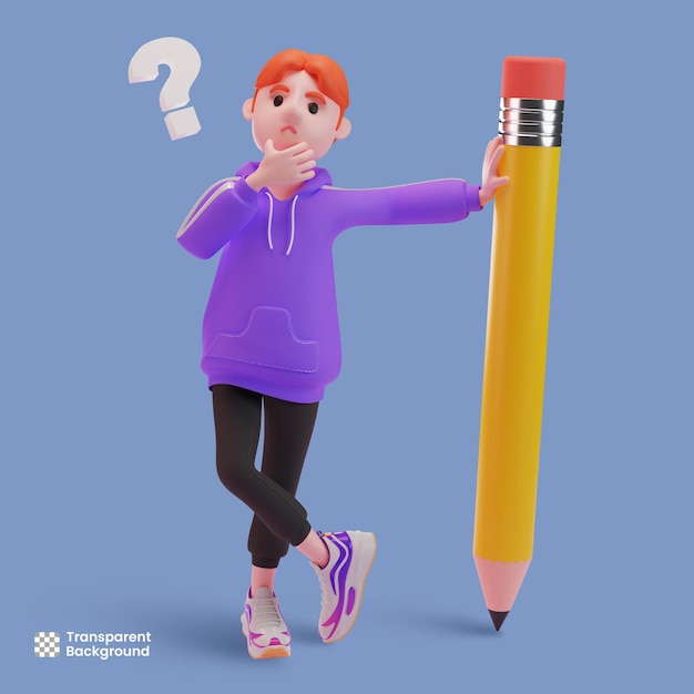 3d male character with his pencil having question