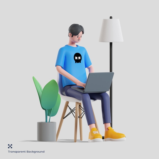 3d male character working on laptop while sitting in chair