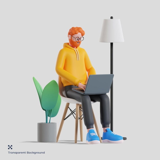 3d male character working on laptop while sitting in chair