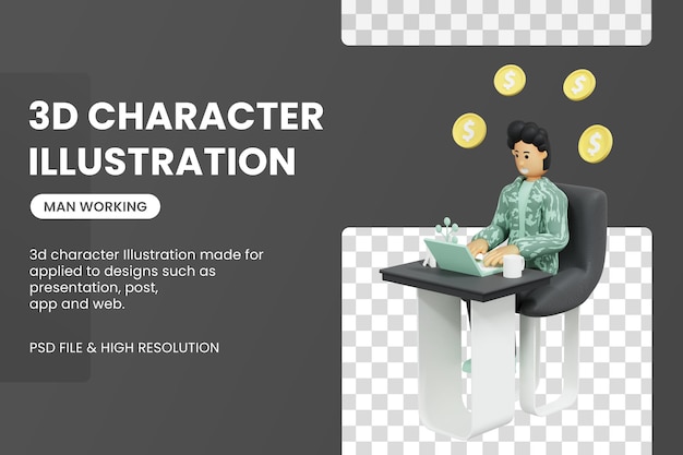 3d male character working using laptop freelancer 3d rendering Premium Psd