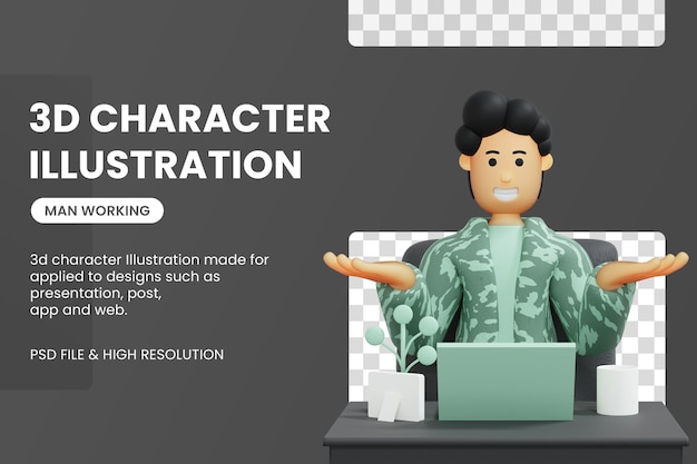 3d male character working using laptop freelancer 3d rendering Premium Psd