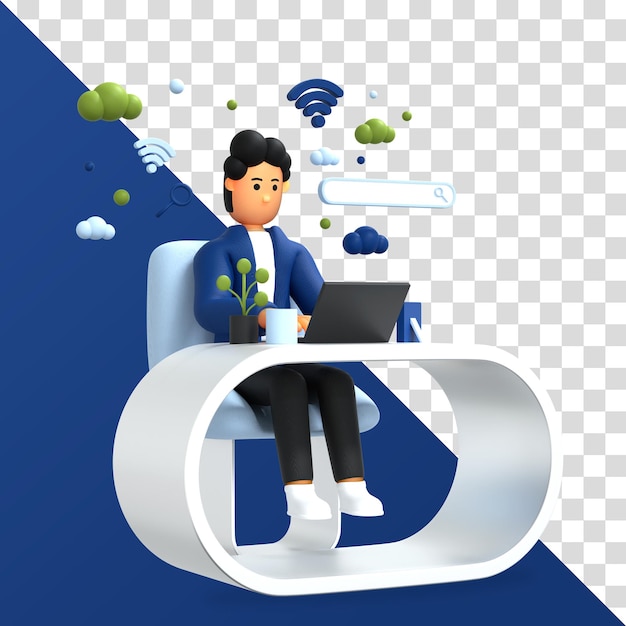 3d male character working using laptop freelancer search bar 3d rendering premium psd