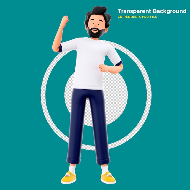 3D male illustration of happy standing man throwing his hands up in the air