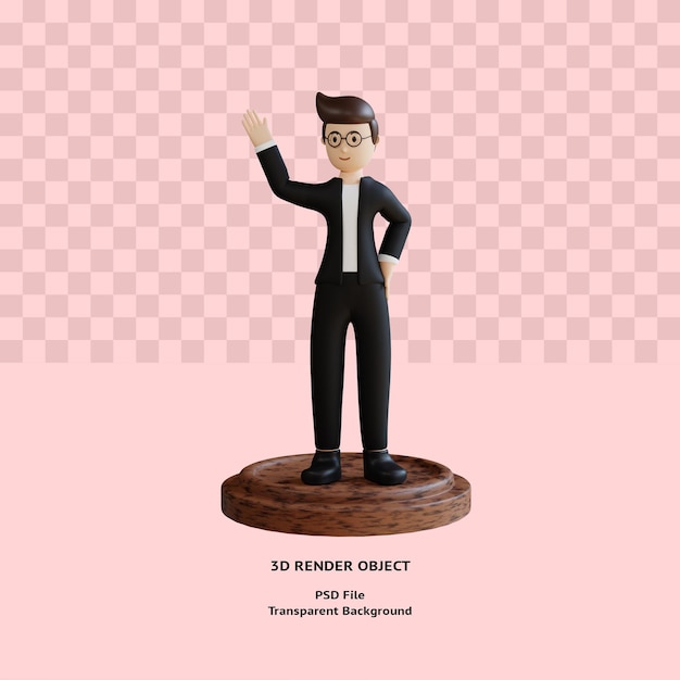 3d man character waving hand on podium rendered premium psd