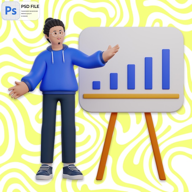 PSD 3d man doing analysis presentation render icon isolated png illustration psd template