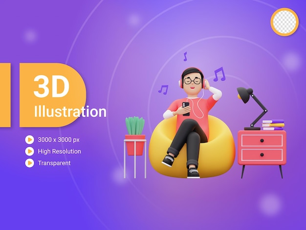 3d man enjoying music illustration