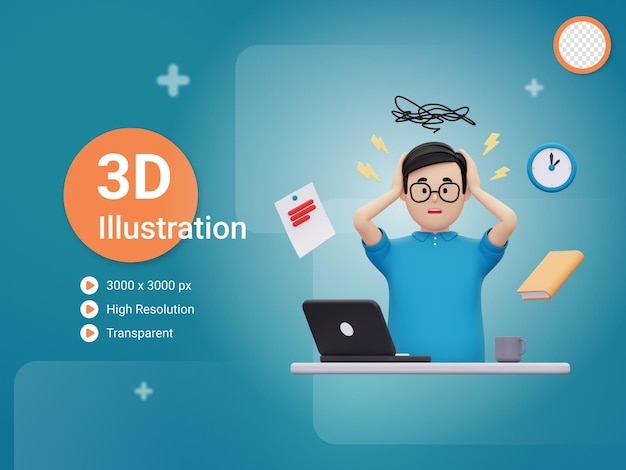 3d man is experiencing stress because of work illustration