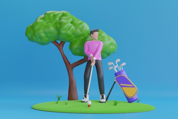 3D man playing golf Golfer playing on golf course Male golf player on professional golf course