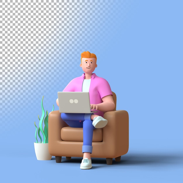 3d man sitting on brown couch using laptop. Three dimensional render illustration.