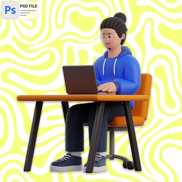 3D Man Working On Laptop Render Icon Isolated PNG Illustration PSD Template