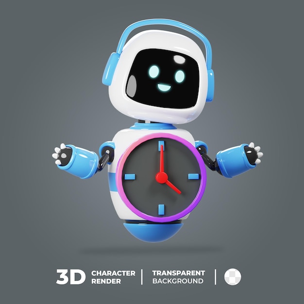 3D Mascot Cute Robot With Clock