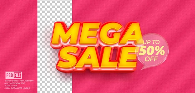 PSD 3d mega sale label for composition with editable 3d style text effect