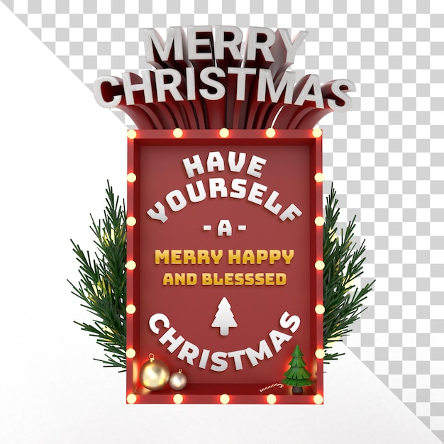 3D Merry Christmas isolated object holiday event editable text with wreath and lamp design