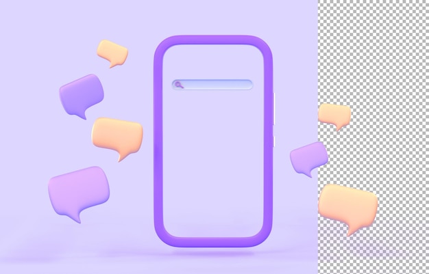 3D Mobile chatting or chat bot Smartphone screen with search bar and dialog sms icons or text bubbles on purple background Online messaging concept of social networking communication 3d render