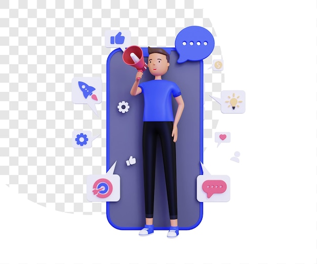 3d mobile marketing with a male character holding a megaphone loudspeaker and marketing icons