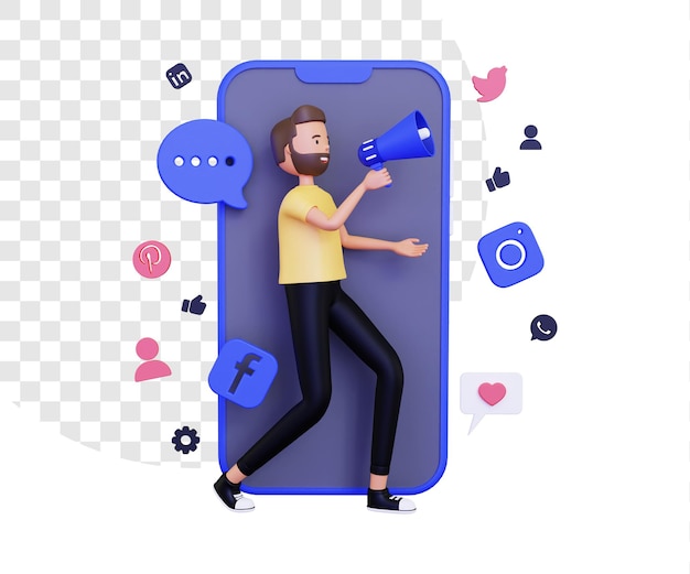 3d mobile marketing with a male character holding a megaphone loudspeaker and social media icons