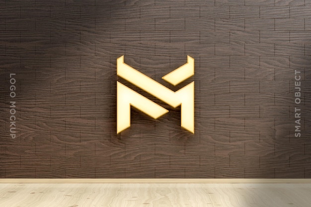 3D Mockup logo neon on wooden wall-3