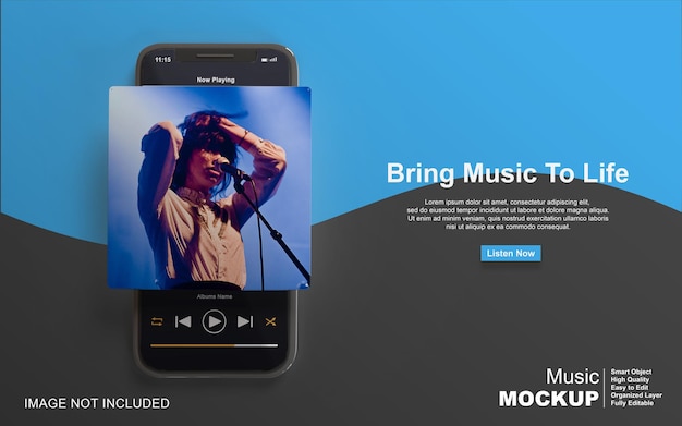 PSD 3d mockup music player design on smartphone for social media post