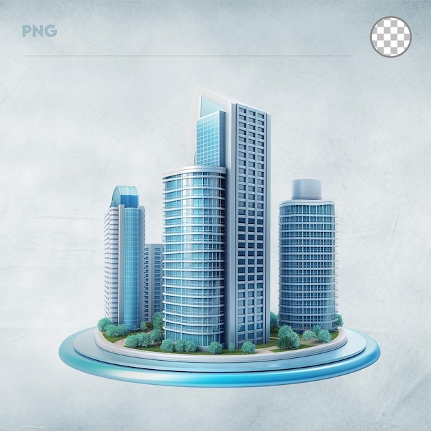 3d model of a blue city with buildings Isolated on transparent background