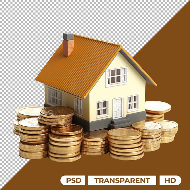 PSD 3d model of house on coins isolated on transparent background