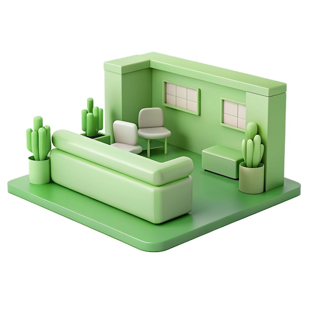 PSD a 3d model of a living room with a couch and a chair