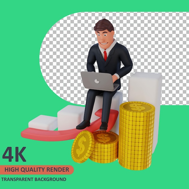 3d model rendering businessman cartoon character sitting on the diagram