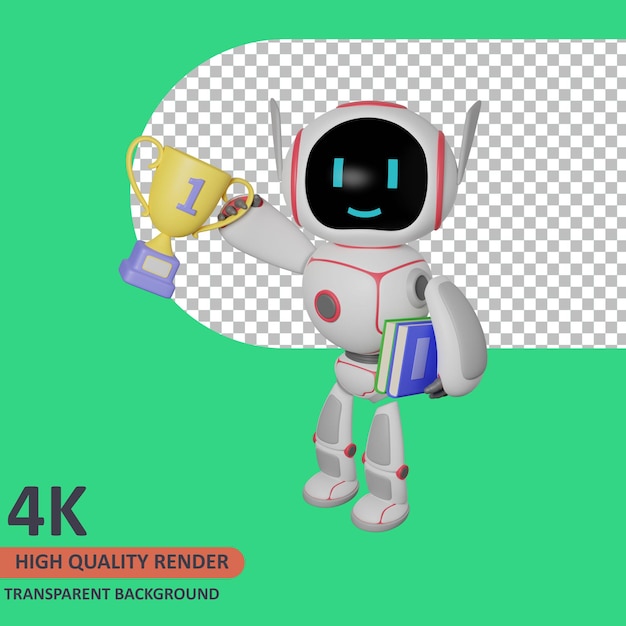 3d model rendering the robot is holding a trophy and carrying a book